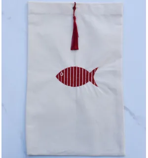 Pochette beige clair nœud pompon rouge brodée Fouta Tunisia - 1