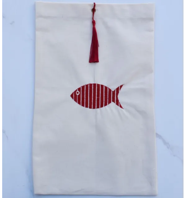 Pochette beige clair nœud pompon rouge brodée Fouta Tunisia - 1