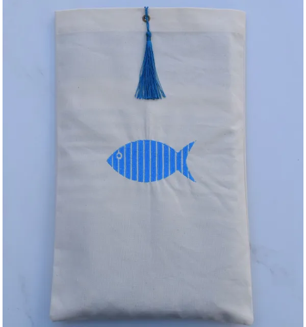 Pochette beige clair brodée ,nœud pompon bleu canard Fouta Tunisia - 1