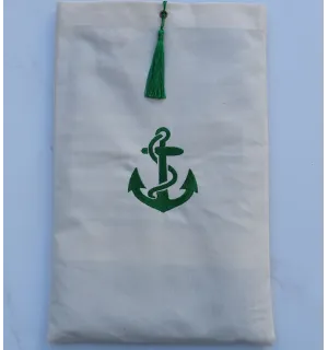 Pochette beige clair brodée motif ancre vert avec pompon Fouta Tunisia - 1