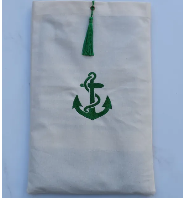 Pochette beige clair brodée motif ancre vert avec pompon Fouta Tunisia - 1