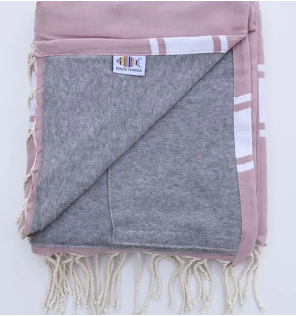 Fouta plate vieux rose doublée éponge gris Fouta Tunisia - 1