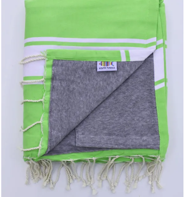 Fouta plate vert prairie doublée éponge gris Fouta Tunisia - 1
