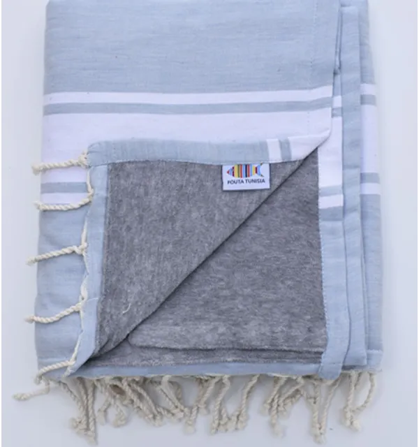 Fouta bleu fumée doublée éponge gris Fouta Tunisia - 1