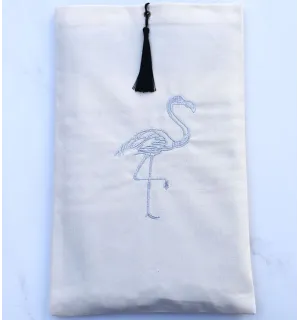 Pochette beige clair brodée flamant couleur argent avec pompon Fouta Tunisia - 1