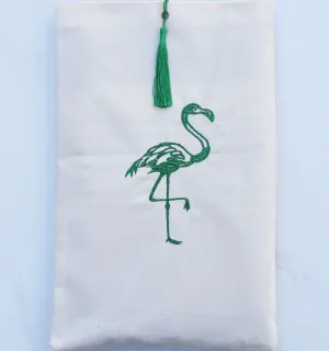Pochette beige clair brodée flamant avec pompon vert Fouta Tunisia - 1