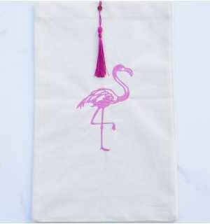 Pochette beige clair brodée , nœud pompon rose violacé Fouta Tunisia - 1