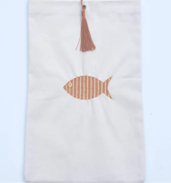 Pochette beige clair brodée avec pompon rouille Fouta Tunisia - 1