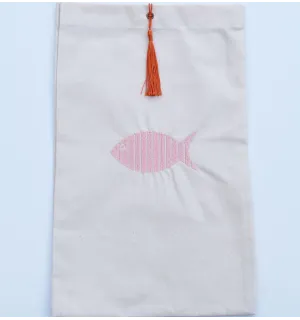 Pochette beige clair brodée avec pompon orange Fouta Tunisia - 1