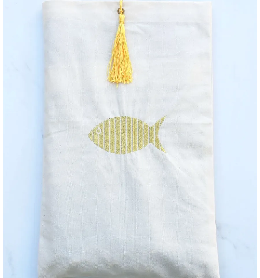 Pochette beige clair brodée avec pompon jaune Fouta Tunisia - 2