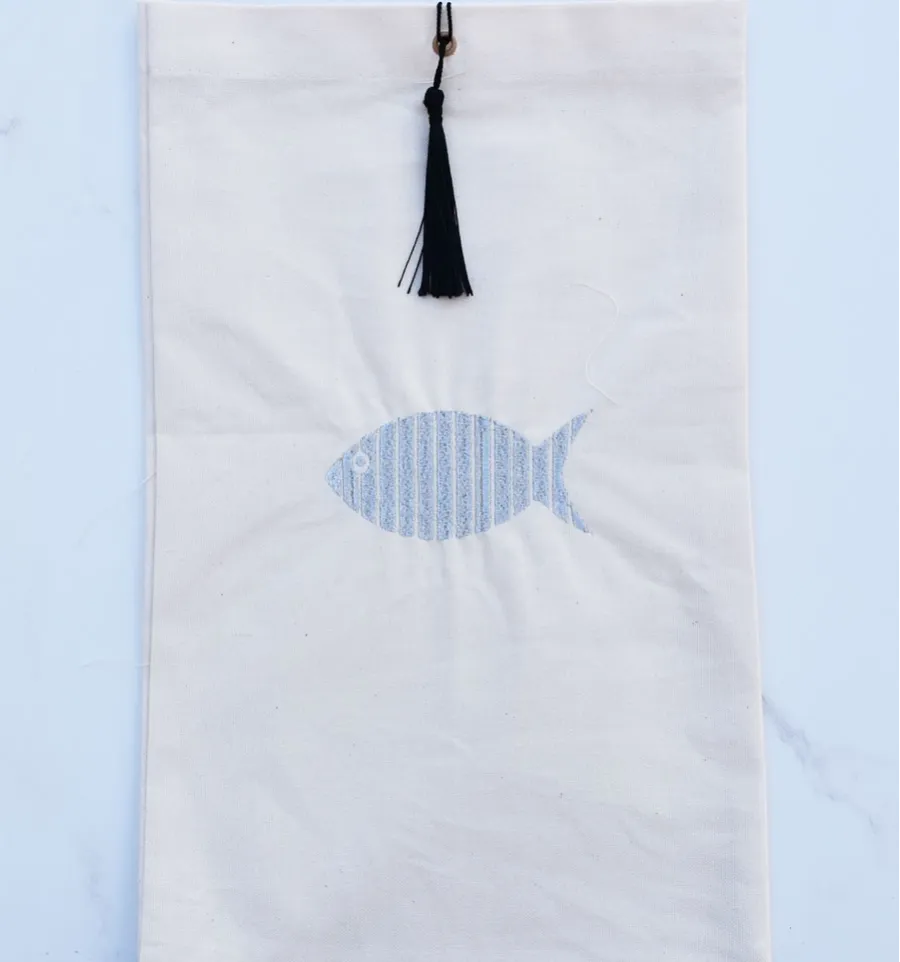 Pochette beige clair brodée avec pompon noir Fouta Tunisia - 2