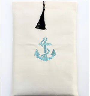 Pochette beige clair brodée motif ancre turquoise avec pompon Fouta Tunisia - 1