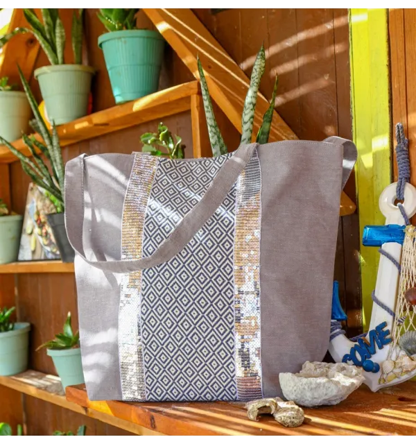Sac Saint Tropez taupe motifs chevron Fouta Tunisia - 1