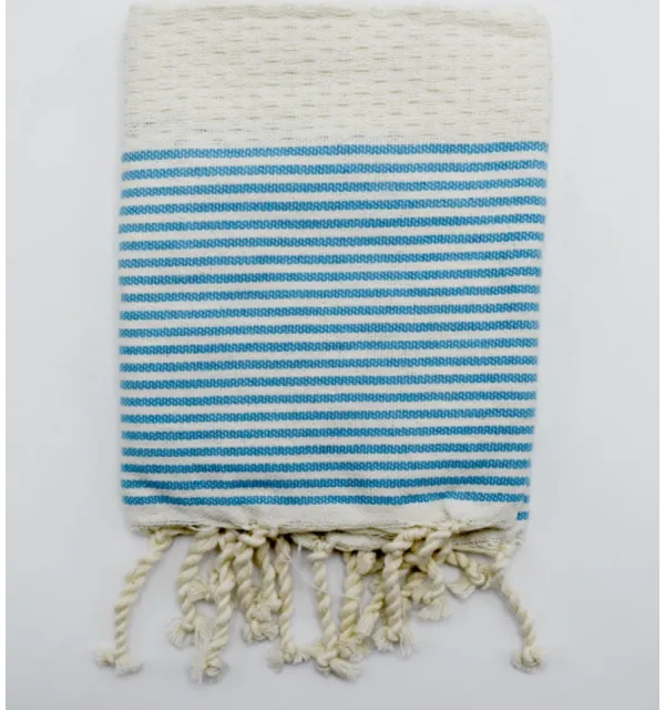 Lot de 10 serviettes de table blanc crème rayures bleu azur Fouta Tunisia - 1