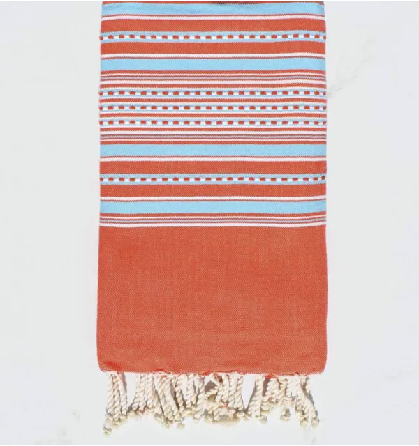 Fouta arabesque orangé foncé à rayures bleu clair Fouta Tunisia - 1