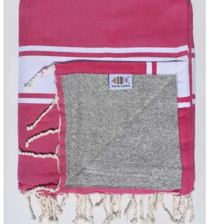 Fouta plate rose fushia avec bandes blanche doublée éponge gris Fouta Tunisia - 1