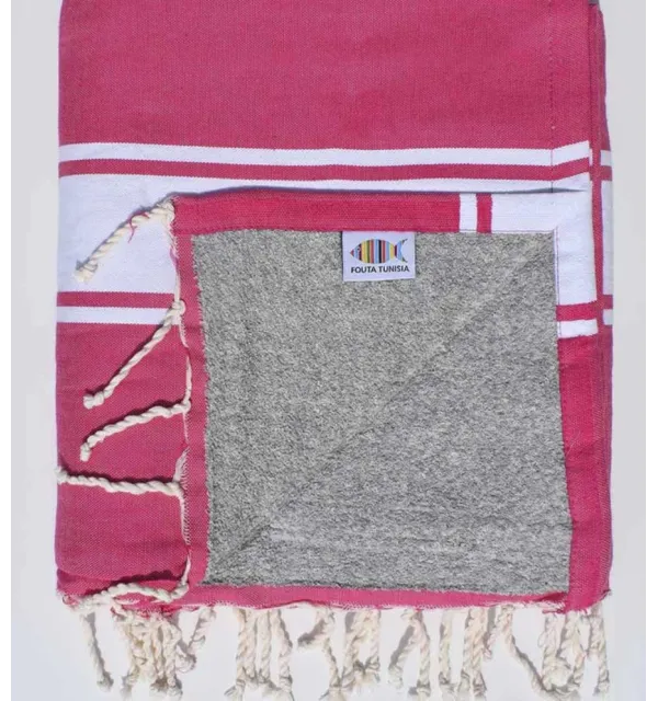 Fouta plate rose fushia avec bandes blanche doublée éponge gris Fouta Tunisia - 1