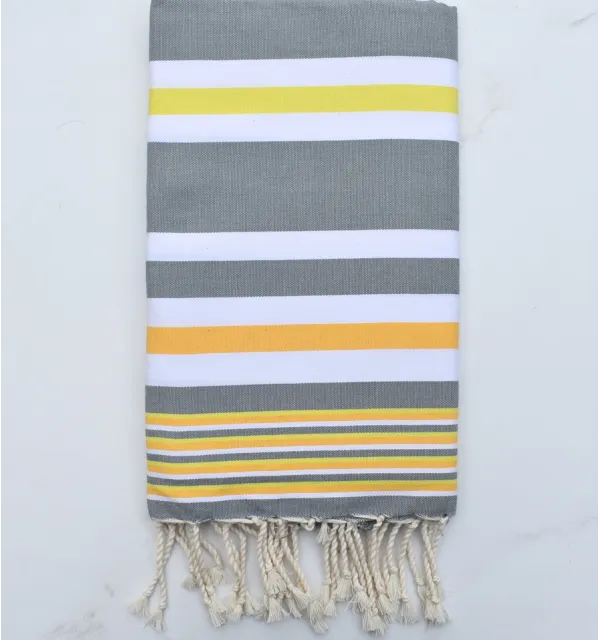 Fouta dina gris rayée blanc, jaune chrome et jaune aurore Fouta Tunisia - 1