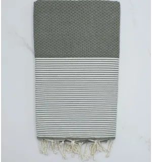 FOUTA NID D'ABEILLE vert militaire rayée blanc Fouta Tunisia - 1