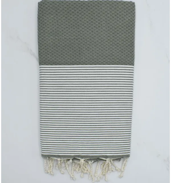 FOUTA NID D'ABEILLE vert militaire rayée blanc Fouta Tunisia - 1