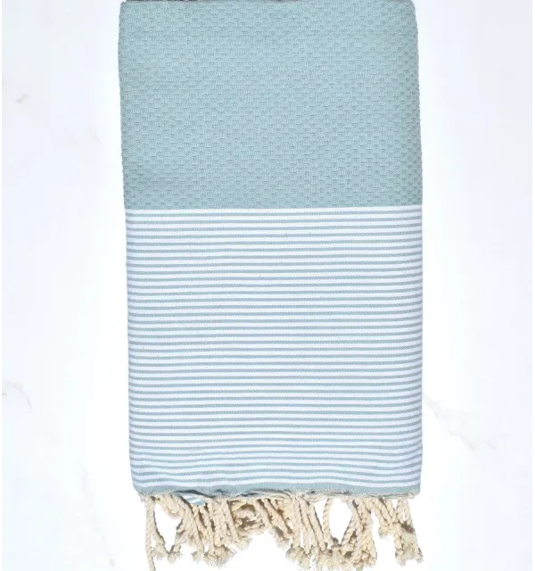 FOUTA NID D'ABEILLE Bleu givré rayée blanc Fouta Tunisia - 1