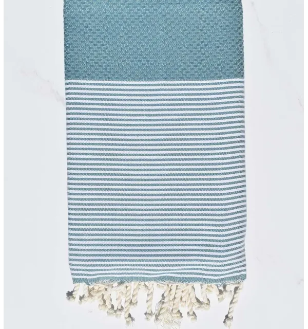 Fouta nid d'abeille bleu paon Fouta Tunisia - 1