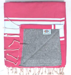Fouta rose bonbon doublée éponge gris Fouta Tunisia - 1 2