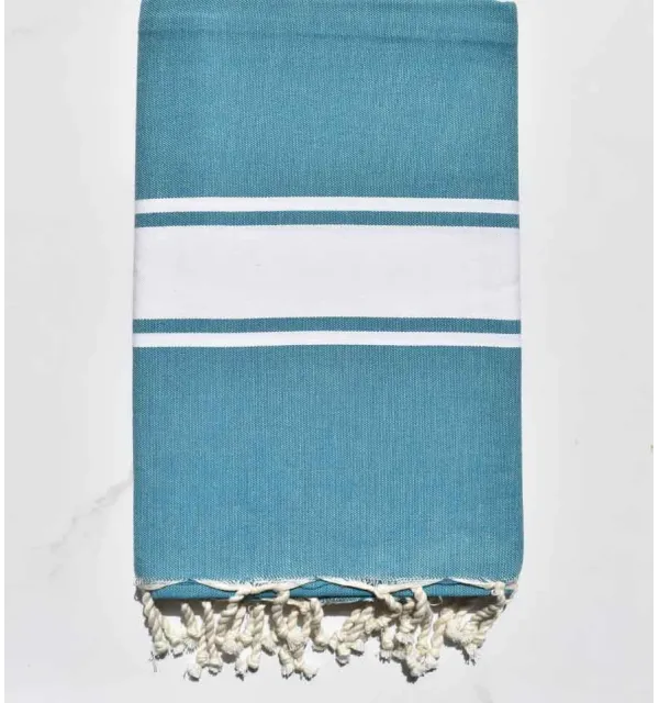 Fouta plate bleu canard bandes blanche Fouta Tunisia - 1