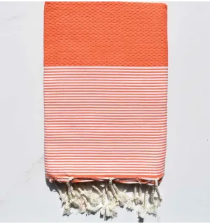 Fouta nid d'abeille orange corail rayée blanc Fouta Tunisia - 1