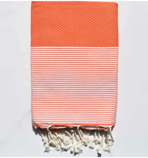 Fouta nid d'abeille orange corail rayée blanc Fouta Tunisia - 1