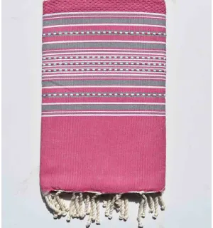 Fouta arabesque rose foncé avec rayures gris Fouta Tunisia - 8