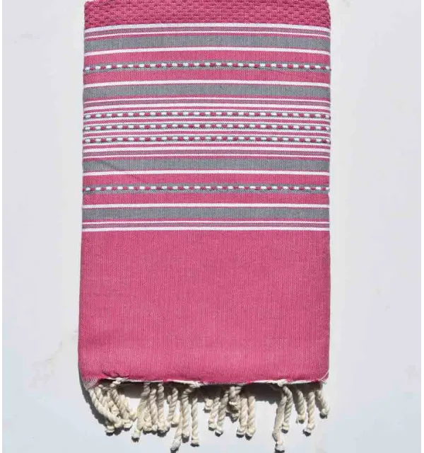 Fouta arabesque rose foncé avec rayures gris Fouta Tunisia - 8