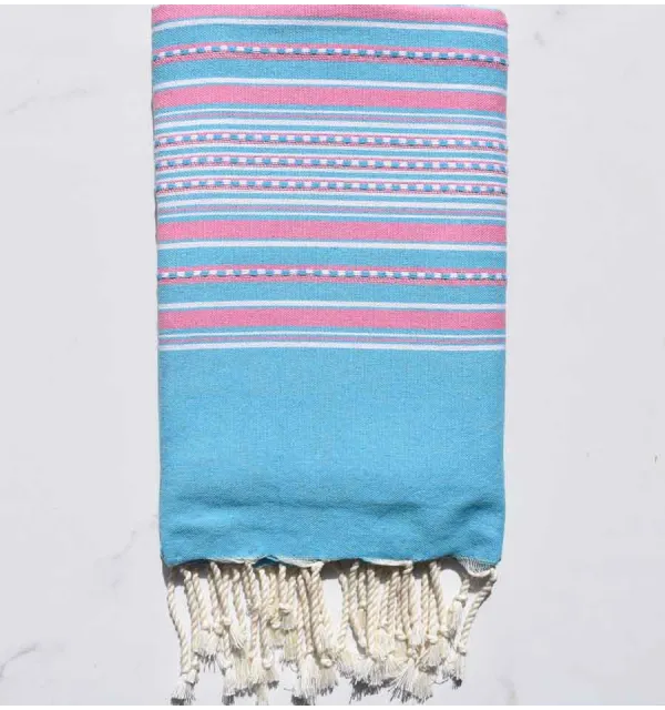Fouta arabesque bleu céleste rayée rose pastel Fouta Tunisia - 1