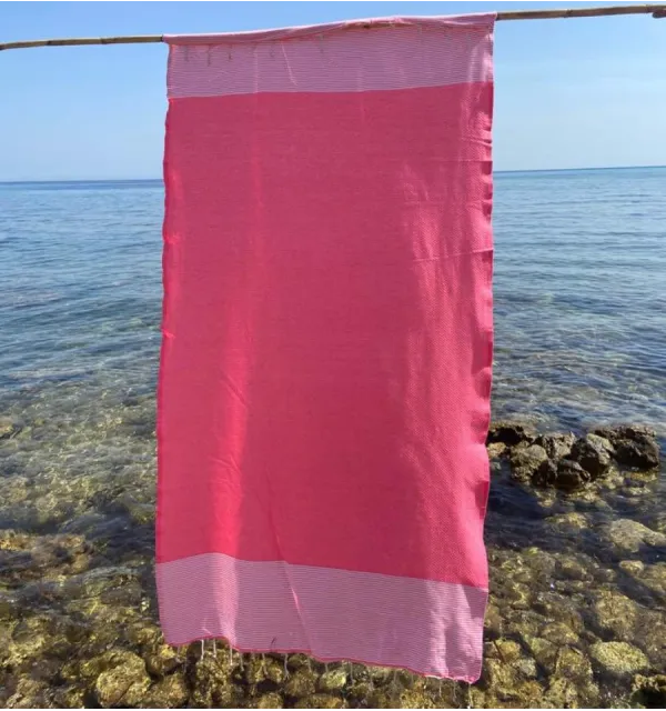 FOUTA NID D'ABEILLE fushia rayée blanc Fouta Tunisia - 1