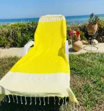 Fouta nid d\'abeille Jaune citron rayée blanc