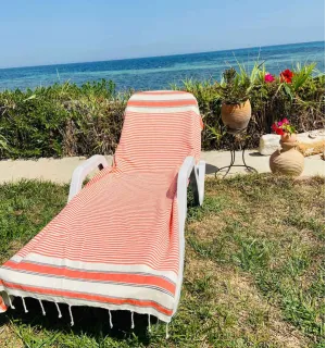 Serviette de plage couleur blanc crème, orange et noir Fouta Tunisia - 1