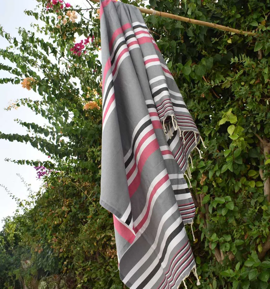 Fouta dina gris rayée rose, blanc et gris noir Fouta Tunisia - 3