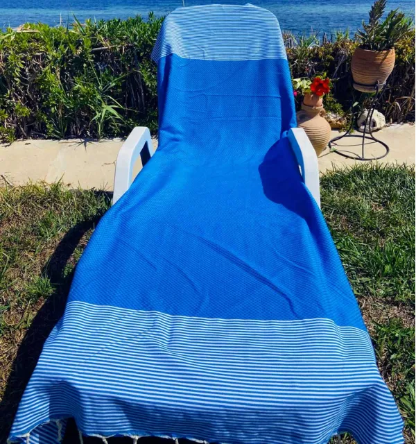 FOUTA NID D'ABEILLE Bleu électrique rayée blanc Fouta Tunisia - 1