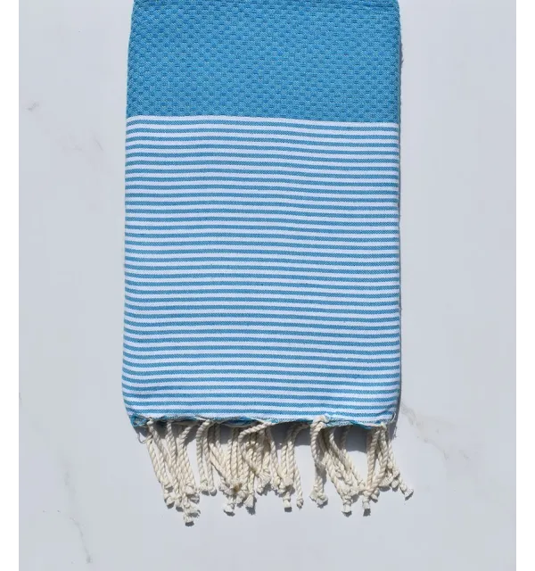 Fouta nid d'abeille en Coton Recyclé bleu azur Fouta Tunisia - 1