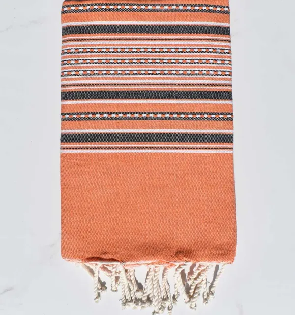 Fouta arabesque orange et gris foncé Fouta Tunisia - 1