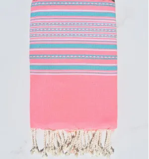 Fouta arabesque rose fluo et bleu sarcelle Fouta Tunisia - 1