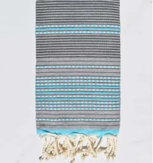 Fouta arabesque gris avec rayures bleu clair - 1