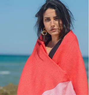 Fouta Nid d'abeille rouge groseille 100x200 cm - 100 % Coton - FOUTA TUNISIA 2