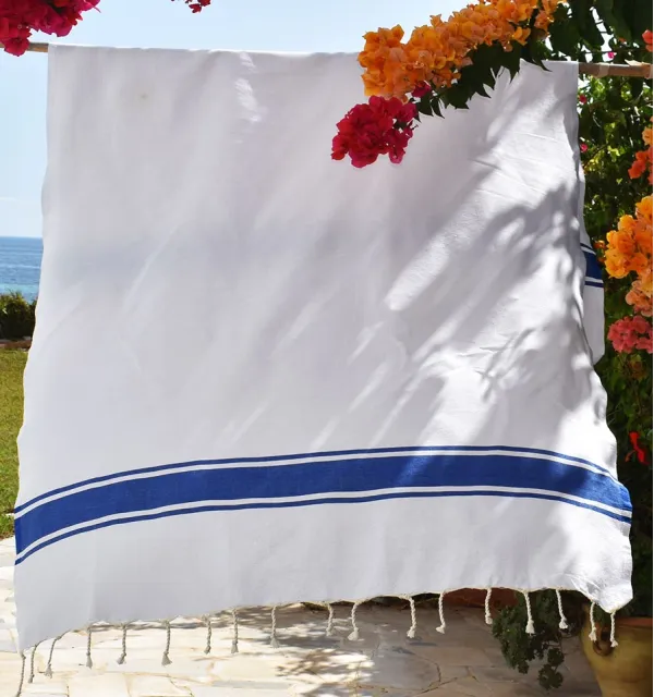 Fouta plate blanche bandes bleu Fouta Tunisia - 3