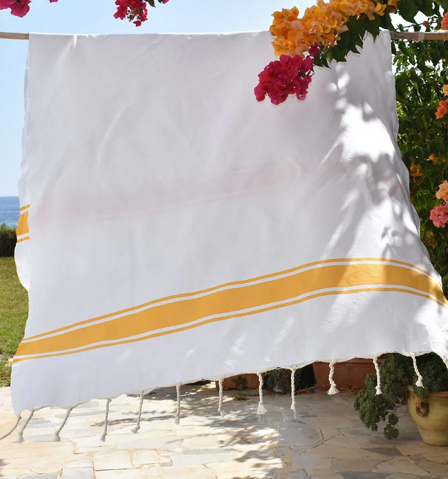 Fouta Plate Blanche Bandes jaune Fouta Tunisia - 2