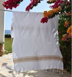 Fouta en Coton Recyclé blanche avec bandes beige Fouta Tunisia - 1
