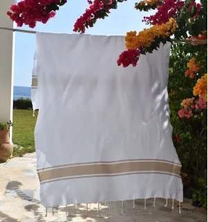 Fouta en Coton Recyclé blanche avec bandes beige Fouta Tunisia - 1