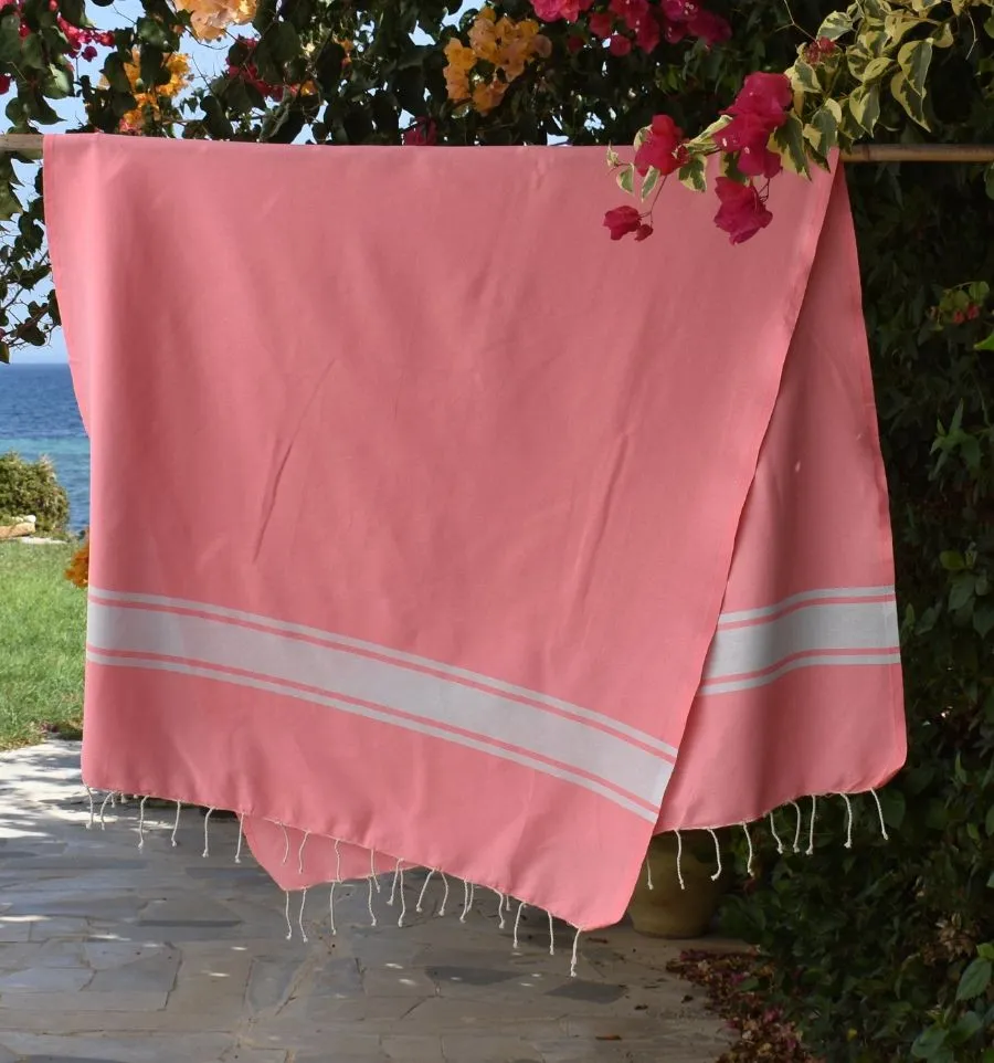 Fouta en Coton Recyclé rose fluo - Serviette de plage - FOUTA TUNISIA
