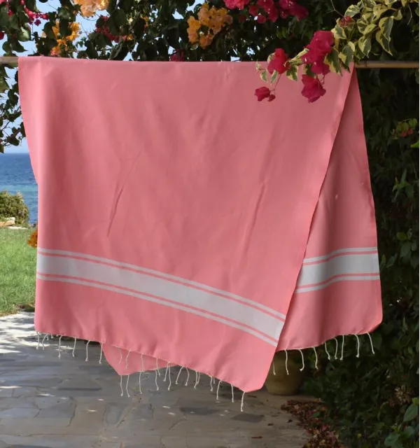 Fouta en Coton Recyclé rose fluo - Serviette de plage - FOUTA TUNISIA