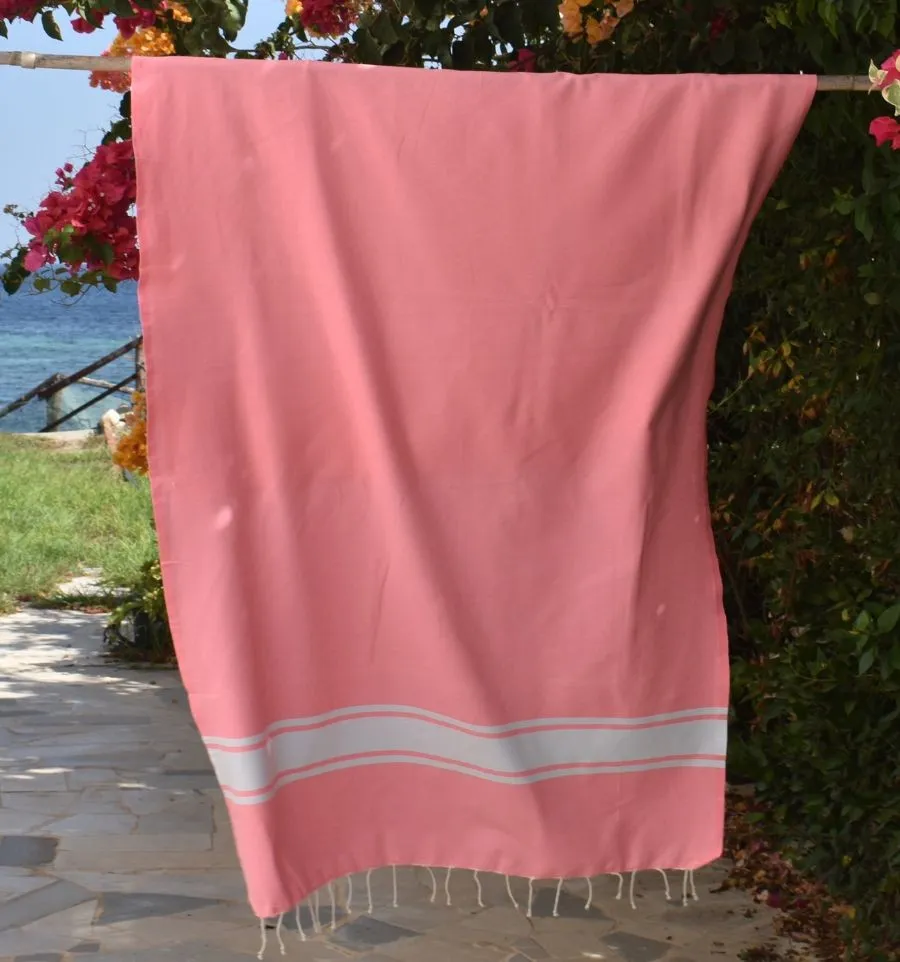Fouta en Coton Recyclé rose fluo - Serviette de plage - FOUTA TUNISIA